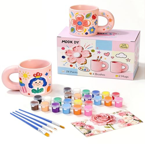 MDDK DY Mug Painting Kit – Paint Your Own Mugs Set with 2 Pink Ceramic Mugs | 24 Paints, 4 Brushes, Guide, Personalised DIY Mug Kit, Creative Gift for Adults