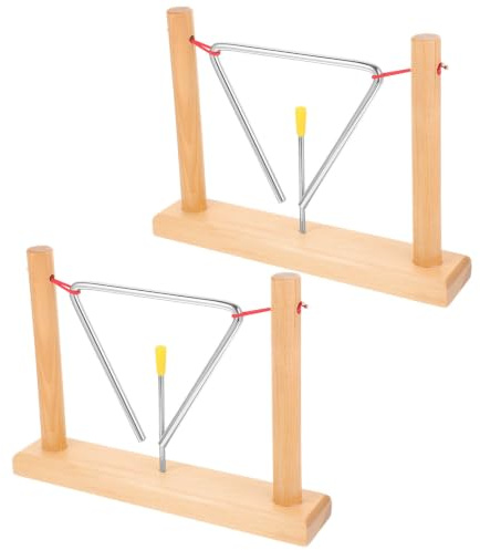 2 Satz Triangel Schallglocken Schlaginstrument mit Holzständer | Beige, Eisen und Holz, Leichte Ausführung mit Abgerundeten Kanten, für Anfänger und Kinder