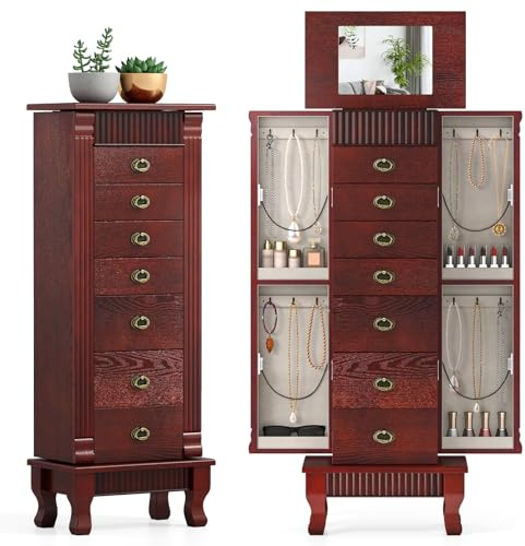 GIANTEX Standing Jewelry Cabinet with 7 Drawers, Flip-Top Mirror, Cherry