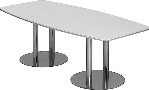 Bümö Konferenztisch oval 220x103 cm großer Besprechungstisch in Weiss, Besprechungstisch mit Chromsäulen, Meetingtisch für 8 Personen, XXL-Tisch für Besprechungsraum & Meeting