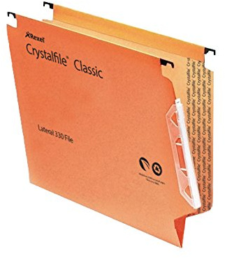 Rexel 330 Lateral Hanging Files with Tabs and Inserts, 15 mm V-base, 100 Percent Recycled Manilla, Orange, Crystalfile Classic, Pack of 50, 70671
