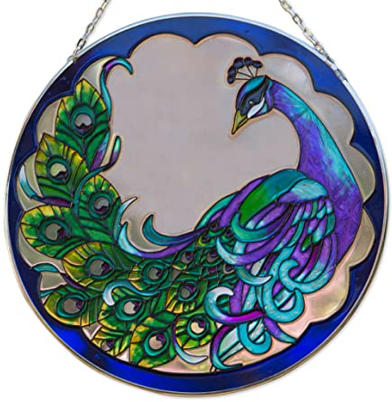 Bits and Pieces - Pfau Kunstglas Sonnenfänger - Der Grandiose Pfau Wird in einem künstlerischen Sonnenfänger abgebildet -25cm Durchmesser - Glasbild, Fensterbild, Fensterdeko