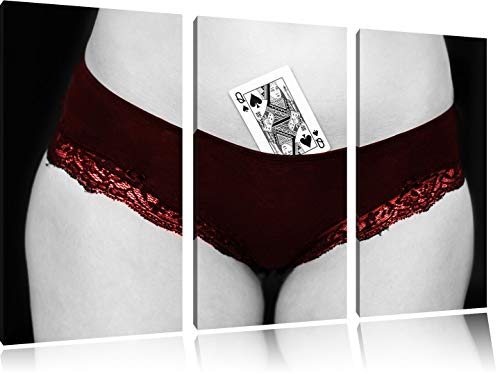 Pixxprint Spielkarte Pik Dame in Höschen von Frau B&W, Leinwandbild 3 Teilig, Gesamtmaß: 120x80cm, Wandbild, Dekoration, fertig gespannt, Kein Poster