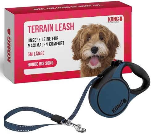 KONG ausrollbare Hundeleine Terrain I Blau I Lange Leine für Hunde I Hochwertige Rollleine mit Break & Lock System I Reflektierender & breiter Gurt I Länge 5 m I Größe M bis 30 kg