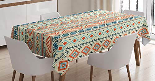 ABAKUHAUS Stammes Tischdecke, Mexican Aztec Muster, Schmutzabweisent mit Modernster Druck Technologie Waschbar Klare Farben, 140 x 200 cm, Orange Elfenbein Blau