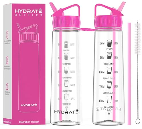 HYDRATE 900ml Water Bottle w/Straw and Motivational Time Markings, BPA Free, Flip Cap, Drop Proof Sports Water Bottle, Ideal for Gym, Extra Strong Material Water Bottles w/Straw (Pack of 1, Hot Pink)