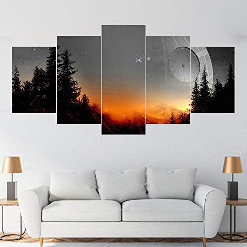 IKDBMUE 5 Panel Bilder Star Wars Todesstern Sonnenuntergang Gerahmte wasserdichte Leinwandbild Kunstdruck auf Leinwand Moderne Malerei für Schlafzimmer Wohnzimmer Office Wand Home Dekor
