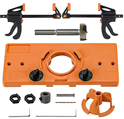 Concealed Hinge Jig, Cabinet Hinge Jig Drilling Hole Puncher Guide Locator with 35mm Forstner Drill Bit and 2pcs Quick-Grip Bar Clamps 4inch for Cabinet Cupboard Door Hinges