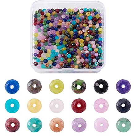 Beadthoven 450pcs 4mm Natural Jade Gemstone Faceted Malaysia Jade Gem Rondelle Losse Beads 18 Colors for Jewelry Crafts Making, Hole: 1mm