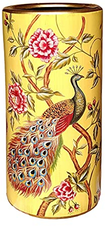 Porte-parapluie en porcelaine motif paons et pivoines jaunes