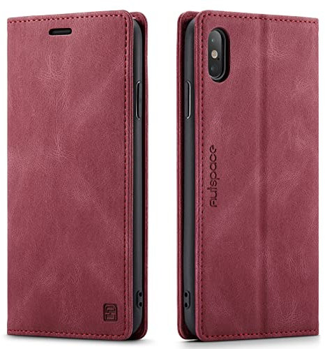 LOLFZ Wallet Case for iPhone XS Max, Magnetic Flip Leather Case with RFID Block Card Slots Kickstand Shockproof Protective Cover Compatible with iPhone XS Max - Red
