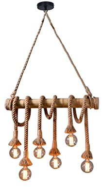 LFsem Lámpara colgante de cuerda de cáñamo de bambú con 6 luces, lámpara de techo retro de gran tamaño para isla de cocina (6 luces)