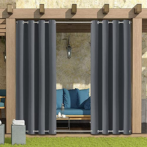 Outdoor Curtains Waterproof with Top & Bottom Grommet(52''x107.9'',2 Panel) | Garden Blackout Curtains, Heat & Sun Protection Windproof Pergola Curtains for Gazebo, Patio, Porch, Pool, Balcony, Grey