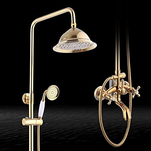 Gold Duschset Duscharmatur mit Handbrause Brausehalter Duschstange Duscharm Kopfbrause Badezimmer Nostalgie Retro Messing Brause Set Rund Duschkopf Armaturenset Regenbrause Wandmontage