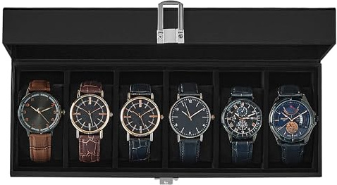 SONGMICS Watch Box, 6-Slot Watch Case Organizer with Large Glass Lid, Removable Pillows, Gift for Loved Ones, Black Synthetic Leather, Black Lining UJWB06B01