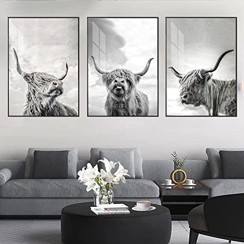 LXTOPN Hochlandrind Leinwand Bilder, highland cow bild, 3er Set Schwarz-Weiß hochland kuh poster für Schlafzimmer Wohnzimmer Modern Deko, Kein Rahme(Schwarz weiß,30x40cm)
