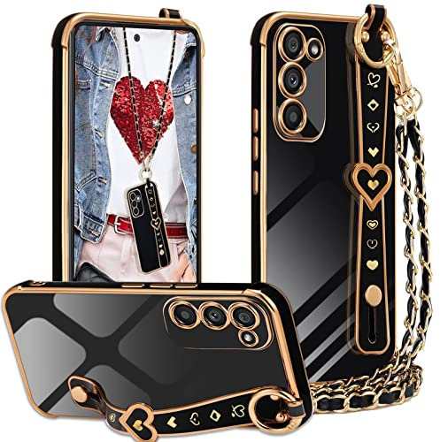 Handykette für Samsung Galaxy S20 FE 5G Hülle mit Band Riemen Kickstand, Necklace Hülle mit Band Kameraschutz Handyhülle Plating Liebe Herz Luxus Armband TPU Stoßfest Schutzhülle für Samsung S20 FE