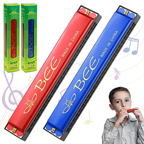 GZLCEU 2 Stück Mundharmonika Kinder, 24 Loch Mundharmonika,Blau/Rot Mundharmonika set für Profis,Anfänger,Studenten,Erwachsene(Aluminium/Kunststoff)