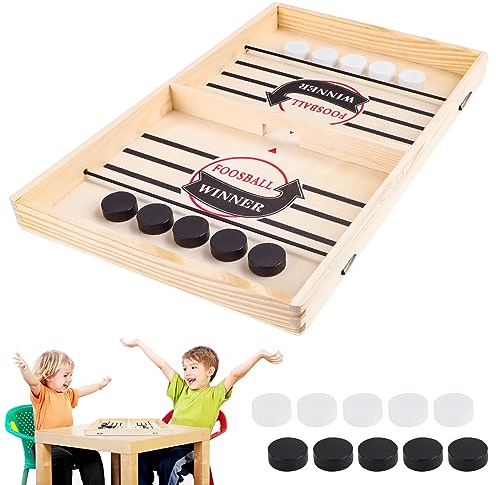 AKONE Hockey Brettspiel, Reise-Brettspiel-Set Tisch-Desktop-Spiel 2 in1 Interaktion Tischhockey Katapult Air Hockey Tischhockey Brettspiel aus Holz für Erwachsene und Kinder
