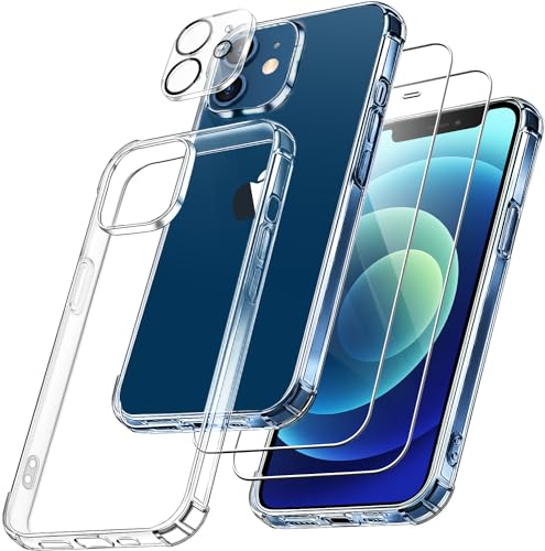 FLLAO 4 en 1 Coque pour iPhone 12 avec 2 Verre Trempé et 1 Caméra Protecteur, [Coussin d'air Intégré] Antichoc Antirayures Bumper Protection Housse pour iPhone 12 6.1, Transparent