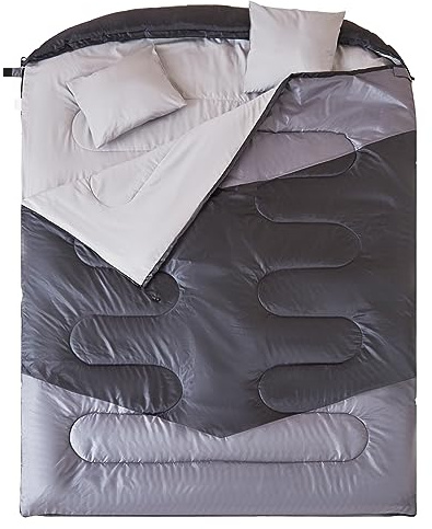 oaskys Doppelschlafsack für Erwachsene mit 2 Kissen – Queen Size XL, wasserdichter Schlafsack für alle Jahreszeiten, Camping, Wandern, Rucksackreisen, 2-Personen-Schlafsäcke für kaltes Wetter und