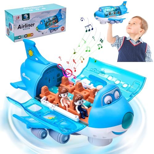 Elektronisches Flugzeug Spielzeug mit blinkenden Lichtern Musik, Krabbel Spielzeug, 360°drehbares elektrisches Flugzeugspielzeug, Kinderspielzeug ab 1-3 Jahr (Blau)