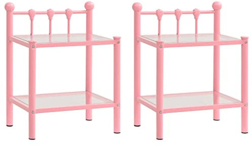 Toshilian Lot de 2 Tables de Chevet, Table de Nuit Table d'Appoint Meuble de Rangement Chambre Tables de Chevet 2 pcs Rose et Transparent Métal et Verre