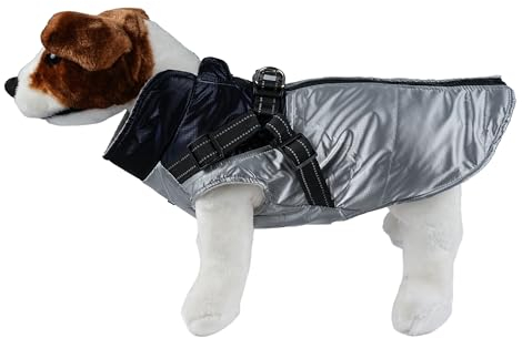 wasserdichte Hundejacke, Warm Hundejacke für Hunde, Hundejacke mit Ring für Geschirr - Silber/Marineblau, 5XL