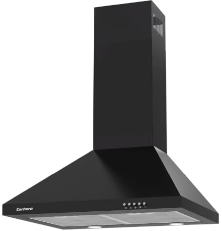 Corberó - Campana Extractora Pirámide 60 cm | KURAMATHI660B | 621,71 m3/h | 69db | 168W | 3 Velocidades | Control con Pulsador | Luz LED | 2 Filtros de Aluminio + Filtro Carbon | Negro