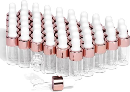 Mini flacons compte-gouttes en verre,50 flacons d'huile essentielle avec bouchon doré rose,utilisés pour les échantillons de parfum,l'huile corporelle,le liquide cosmétique (3 ml)