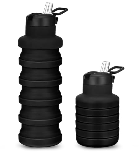 Collapsible Water Bottle Black With Straw Uk Brand Bpa Free Silicone Travel Essential Foldable Gym Bottle Leakproof Hiking Camping Accessories Cycling Bottle Yoga Bottle Kids 500ml