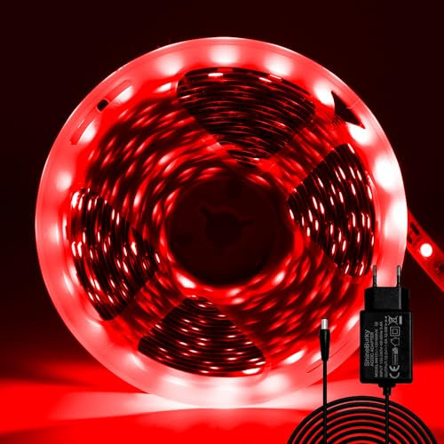 ShineBurky LED Strip 5M Rot, LED Streifen 12V Lichtband LED Selbstklebend 300LEDs SMD5050 LED Band Beleuchtung Lichtband Strips Flexibel for Leiste Küche TV DIY Deko (Inklusive Netzteil)