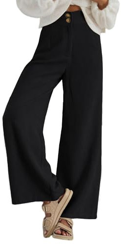 Imuedaen Cordhose Damen High Waist Weites Bein Hosen Freizeithose Lang Casual Locker Hose mit Taschen und Knöpfen (Schwarz, S)