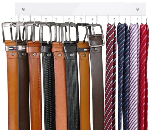 Gürtelaufhänger zur Wandmontage, Holz-Gürtel-Organizer mit max. 12 Speicherkapazität, 180 ° drehbar, platzsparende Kleiderbügel für Krawatten, Tank-Tops, Schals, BHs, Schlüssel, Taschen, Weiß, 1 Stück