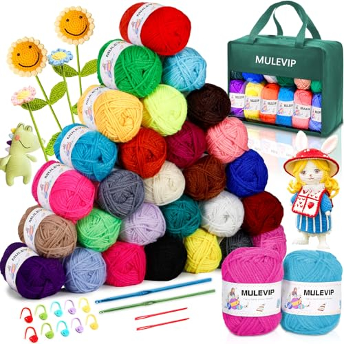 MULEVIP Häkelgarn 30 Farben Wolle Set Häkelgarn Baumwolle,Baumwolle zum Häkeln,Crochet Yarn,Häkelgarn mit 2 Häkelnadeln 10 Knöpfen,30g Häkel Wolle,Häkelwolle zum Herstellung von Hüten,Handschuhen