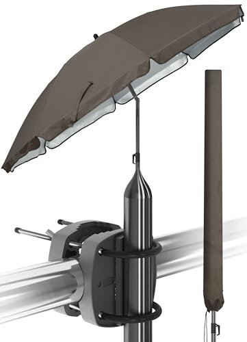 Menz Sonnenschirm Balkon als Sonnenschutz Balkon 3-IN-1 SET - UPF 50+ Sonnenschirm 180 cm in Taupe + Sonnenschirmhalter Balkongeländer + Sonnenschirmhülle