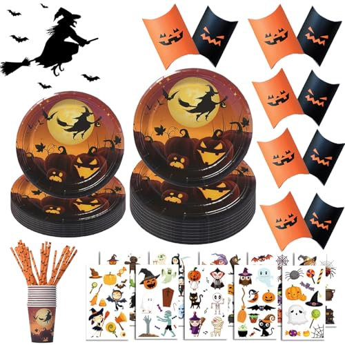 Halloween Stoviglie per Feste, Set di Stoviglie a Tema Halloween, 75 Pezzi Halloween Party Stoviglie, Set di Stoviglie per Festa di Halloween, Stoviglie di Halloween, Forniture per Feste di Halloween