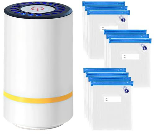 Lotvic Vakuumiergerät, Vakuumierer Sous Vide, Vacuum Sealer mit 10 Vakuumbeuteln, Vakumiergeräteinschweissgerät mit Licht für Trockene und Feuchte Lebensmittel, Klein Wiederaufladbar, Weiß