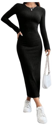 GORGLITTER Women's Rib Knit Split Crewneck Long Sleeve Dress Bodycon Pencil Midi Dresses Black Petite M