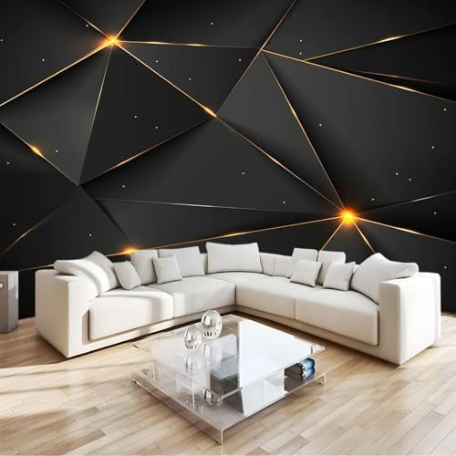 Papier Peint Panoramique Motif géométrique en or noir Décoration Mural 250 x 175 cm Poster Papier Peint Intissé ​Murales Salon Chambre á Coucherr Bureau Décor à La Maison