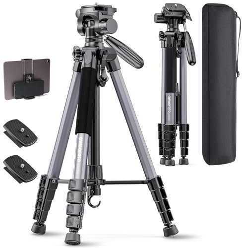 CAMBOFOTO Treppiede per fotocamera da 74 pollici, in alluminio, per fotocamera mirrorless, DSLR, cellulare, videocamera, con supporto per telefono/iPad e borsa da viaggio (grigio grigio)