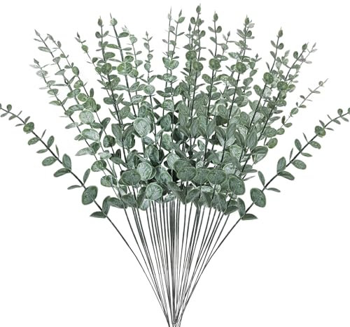 LUKDUNG 20 Stück Künstlich Eukalyptus Deko, Fake Eukalyptus Zweige Blumendeko, Dunkelgrün Eukalyptus Pflanzen Deko für Hochzeit Party Home Blumenarrangement Tischdeko