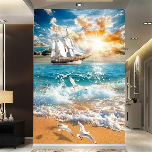 Sailing Boat with Waves and Seagulls - Custom Size Wall Murals Self-Adhesive Removable Large Photo Wallpaper for Living Room, Bedroom, Bathroom, Office, Dining Room, Children's Room