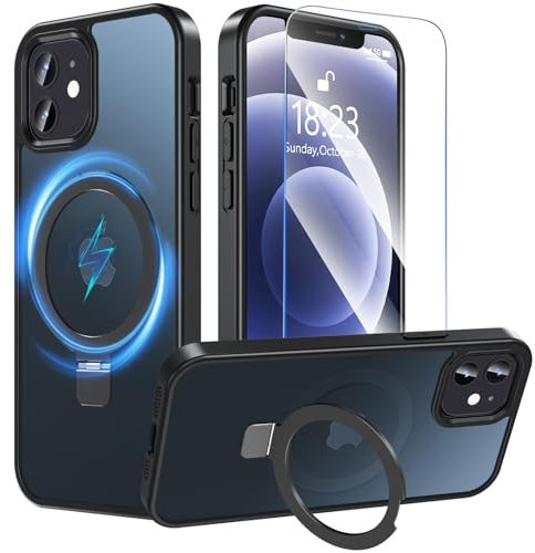 Hensinple für iPhone 12 Hülle/iPhone 12 Pro Hülle mit Ständer, Magnetisch Schutzhülle mit Panzer Schutz Glas,Kompatibel mit MagSafe, Durchscheinend Matt Stoßfest Handyhülle Case Cover, Schwarz