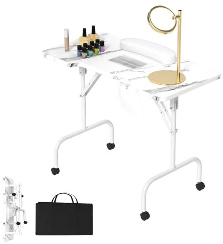 LARS360 Mesa de manicura plegable, portátil con ruedas, incluye bolsa de transporte y grano blanco