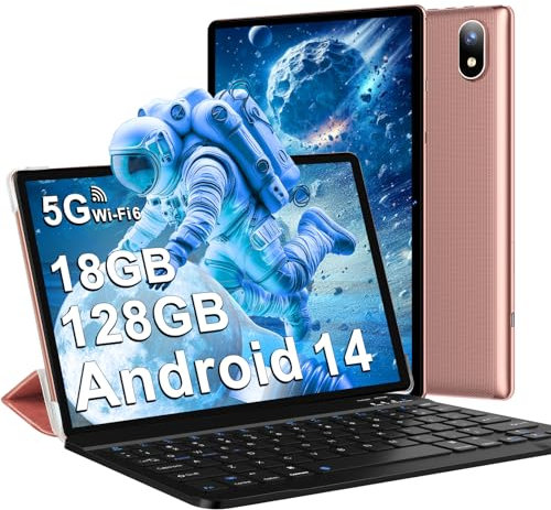 DMOAO Tablet 10 Inch Android 14 with 5G WiFi 6, 18 GB RAM + 128 GB ROM(TF 1TB), Widevine L1, Octa-Core, BT5.0, Face ID, HD 1280 * 800 IPS, 6000 mAh, 2 in 1 Tablet with Keyboard + Mouse, Gold