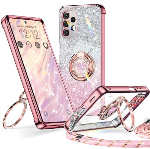 XYZ für Samsung Galaxy A53 5G Hülle mit Band, Herzen Doppelring Ständer Luxus Glitzer HandyHülle Kameraschutz, Frauen Stoßfest Elektroplattiert Soft TPU SchutzHülle Clear Samsung A53 5G Case, Roségold