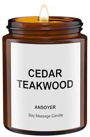 ANSOYER Massagekerze, 128 ml, Kerze für Entspannung, Natürliche Rohstoffe, Kokosöl, Sojaöl, Feuchtigkeitsspendend, Nährend, Zedernholz-Teak Duft