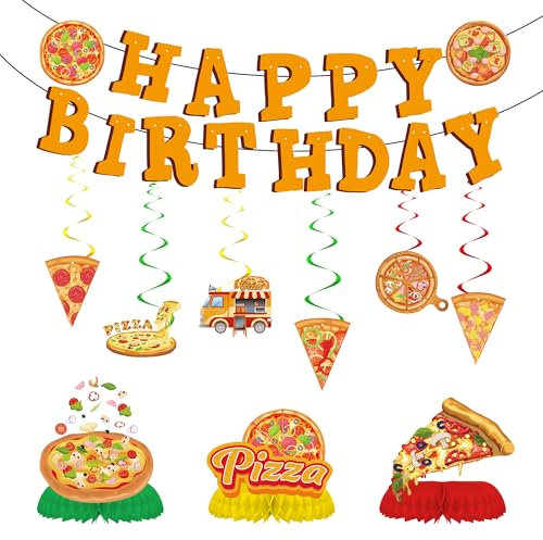 Pizza Birthday Party Decorations Banner - 11 Pcs Pizza Themed Happy Birthday Banners Hanging Swirls And Honeycomb Centerpieces Decor For Bachelorette Baby Shower Kids Party Supplies