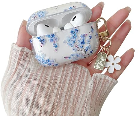MINSCOSE für AirPods Pro 2 Hülle und AirPods Pro Hülle,Niedliches Blumenmuster Design mit Blumen Schlüsselanhänger,Weiche TPU Schutzhülle für AirPods Pro/ Pro2 für Frauen Mädchen-Blaue Blume